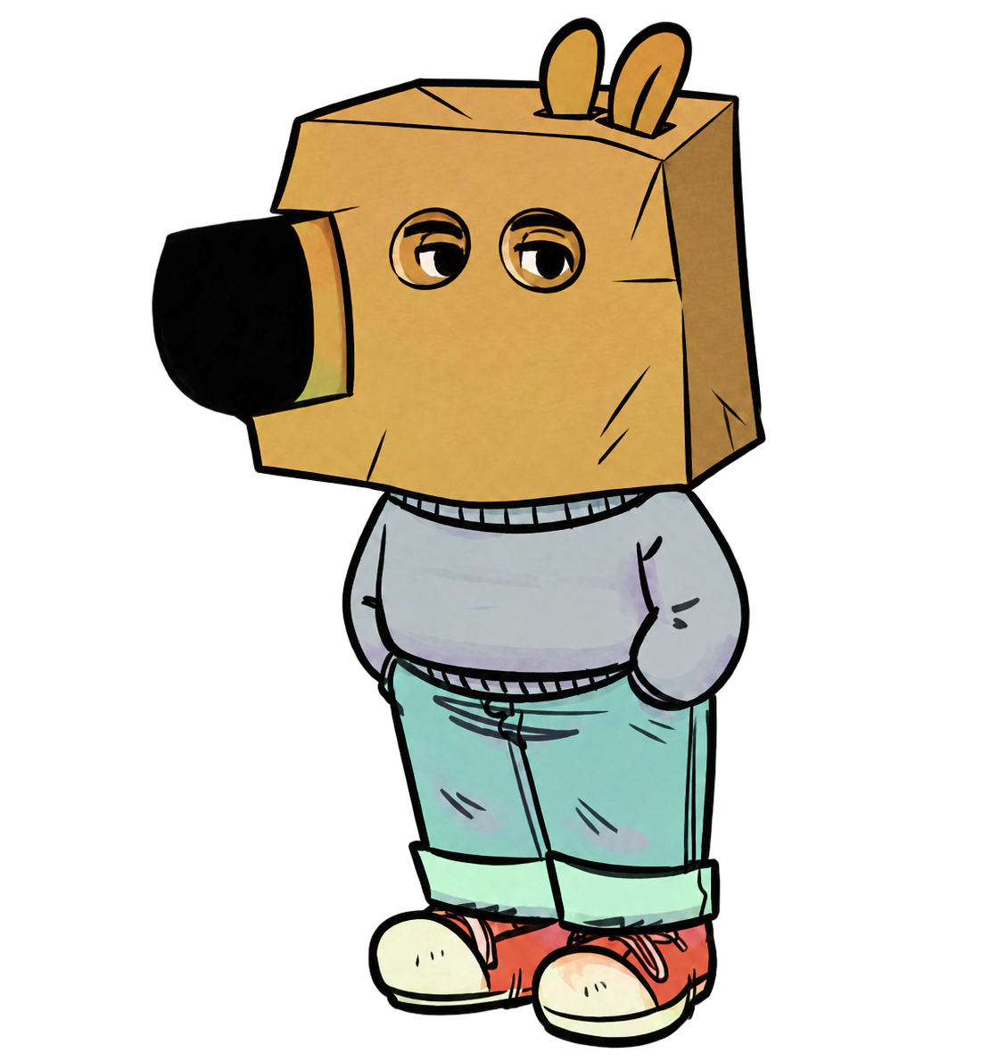 Sleepy cardboard-headed guy in a grey sweater, mint trousers and red sneakers